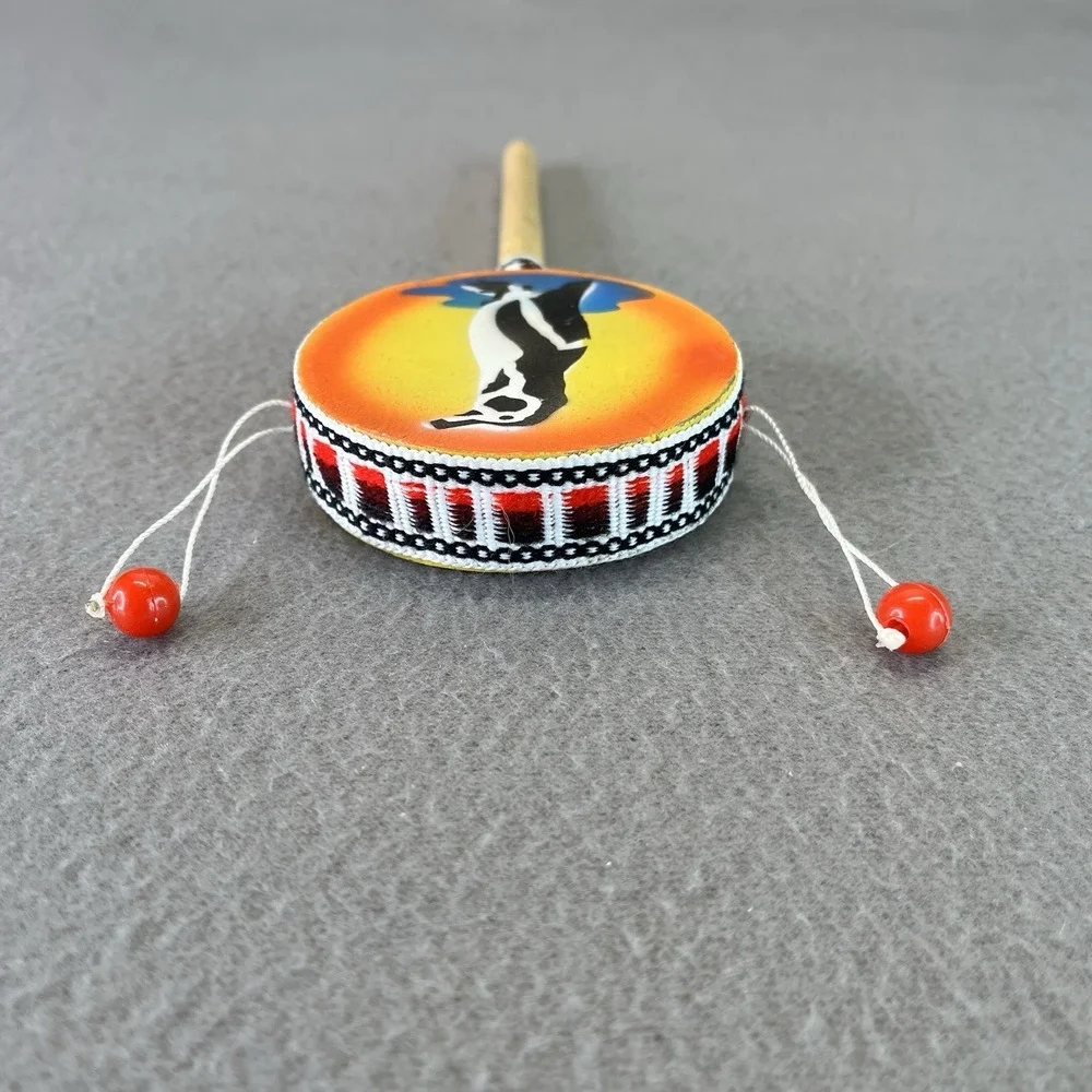 Spin Drum Wood Handle Penguin Spirit Bead Dance Beat Percussion Toy